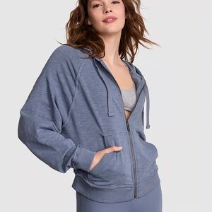 PINK LIGHTWEIGHT LOUNGE FULL-ZIP HOODIE distressed cotton Dusty Iris Blue XS